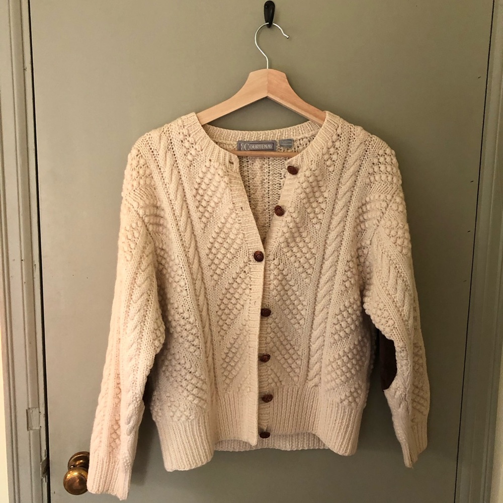 Vintage Wool Cream Cable Knit Button-Front Sweater
